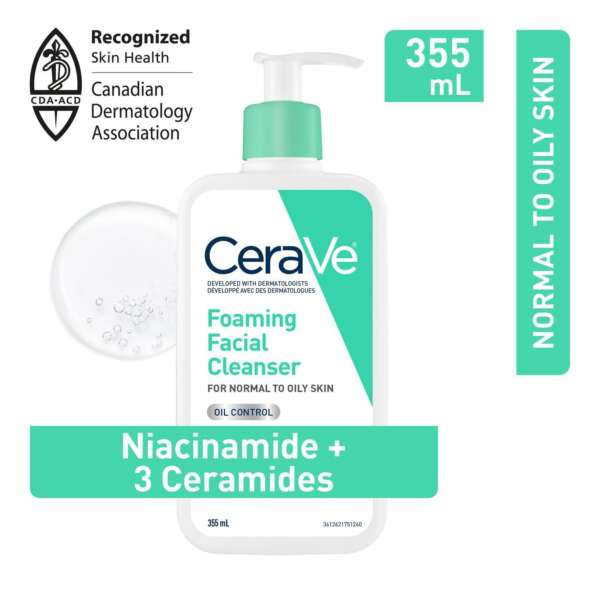 Cerave Foaming Facial Cleanser 355ml Gentle Foaming Facial Cleanser With Niacinamide, Hyaluronic Acid and 3 Ceramides (Normal to Oily Skin)