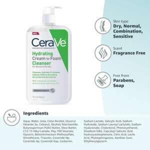 Cerave Hydrating Cream To Foam Cleanser 562ml Hydrating CREAM-TO-FOAM Cleanser Face & Eye Makeup Remover with Hyaluronic Acid & 3 Essential Ceramides (Normal to dry skin)